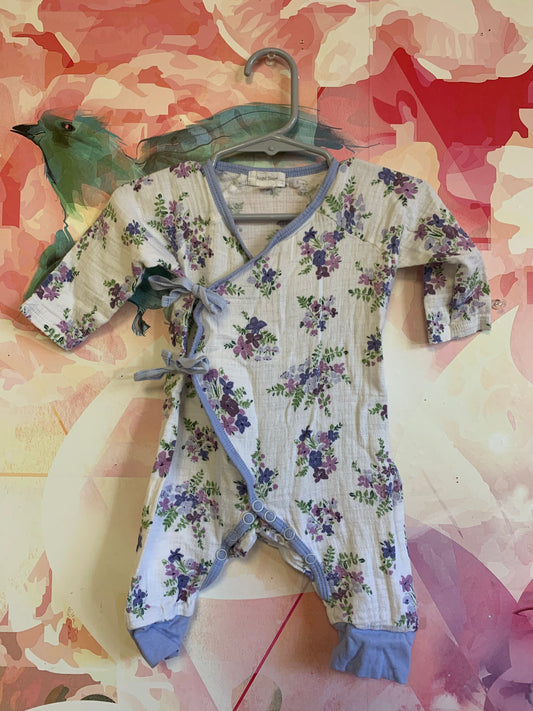 Angel Dear white cotton long sleeve romper with purple/blue flowers & side ties. Size 0-3m