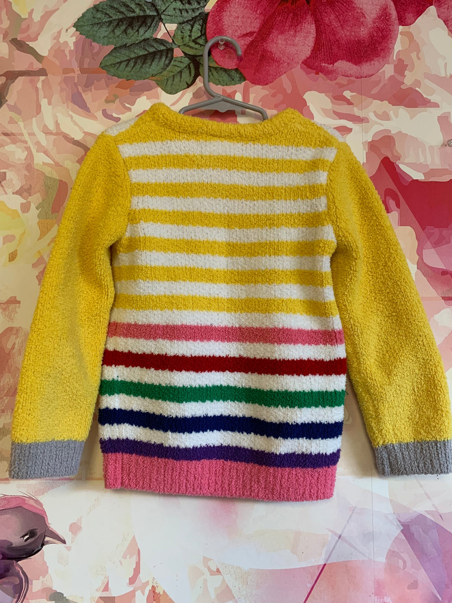 Hanna Andersson fleece yellow & rainbow stripe sweater. Size 4/5T.