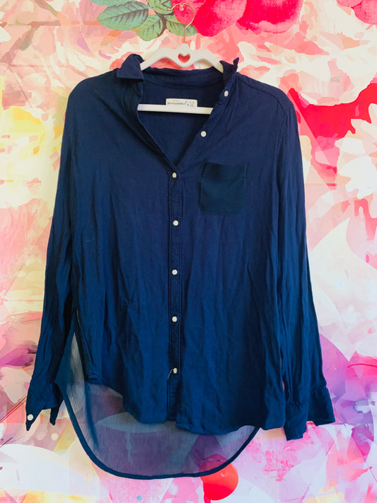 Abercrombie Kids navy blue long sleeve button down shirt with see-through back. Size XL/16.