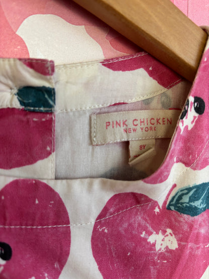Pink Chicken Apple Stamp Girls Peachy Dress. 100% Cotton Yarn Dye. Cream, Pink & Green. Glitter Buttons On Back. Size 8 Pink Chicken Apple Stamp Girls Peachy Dress. 100% Cotton Yarn Dye. Cream, Pink & Green. Glitter Buttons On Back. Size 8