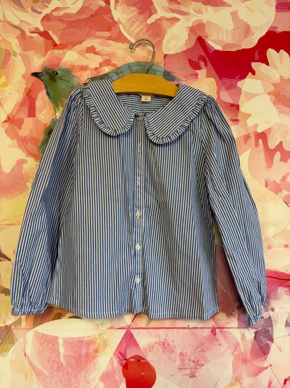 Crewcuts blue & white stripe blouse with round flutter collar. Size 8