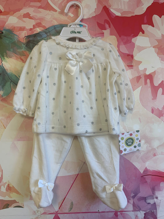 Little Me white velour long sleeve top with silver polka dots & white velour footed pants. *New with Tags* Size 6m