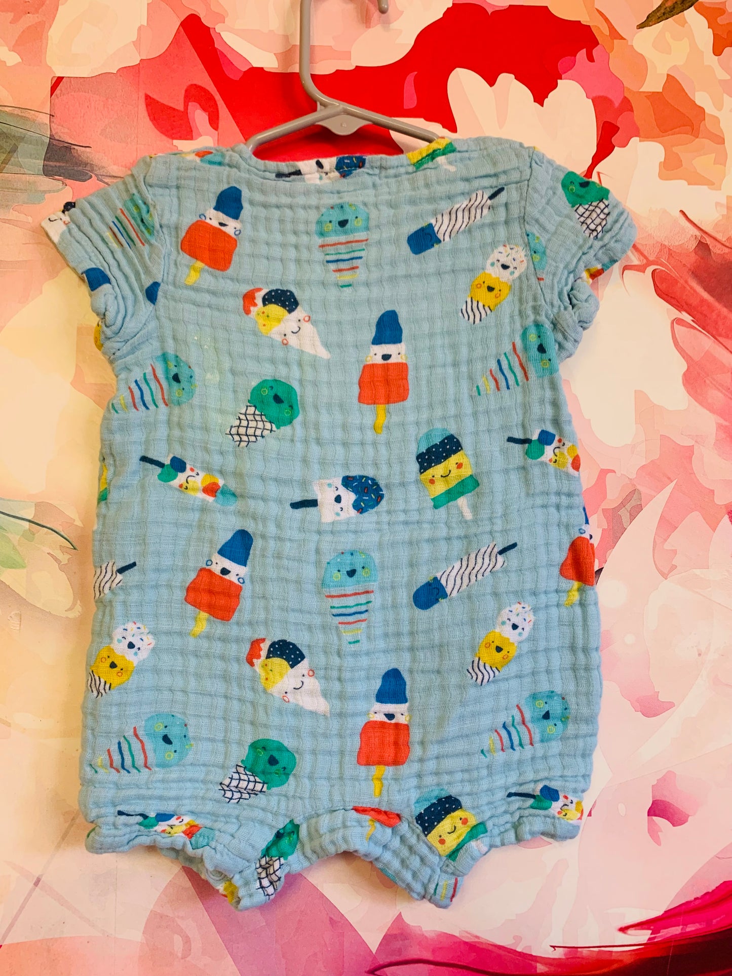 Angel Dear blue short sleeve romper with colorful popsicles & ice cream cones. Size 3-6m