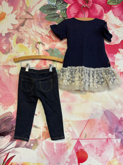 Tea Collection navy blue short sleeve dress with white lace hem. Size 2T. Baby Gap blue jeggings. Size 2T.