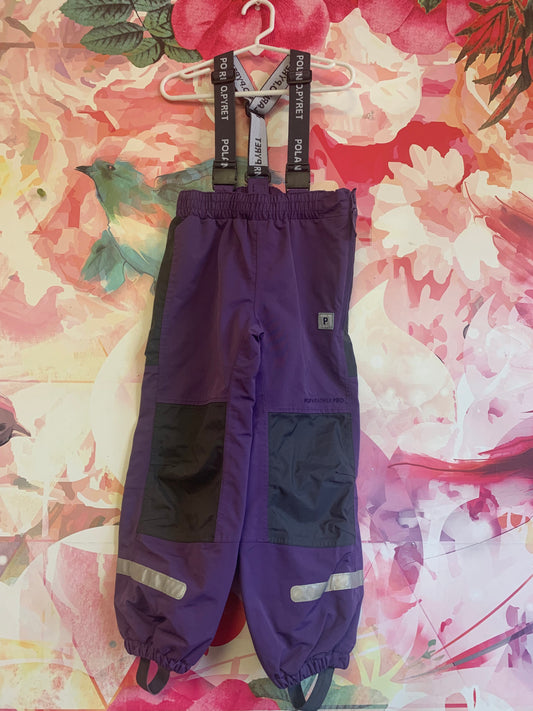 Polarn O. Pyret purple snow pants with suspenders. Size 4/5.