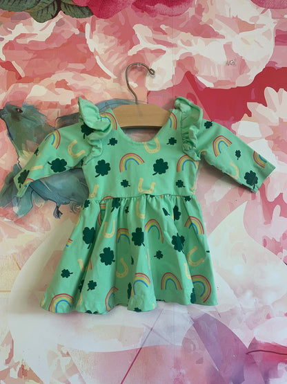 Monica & Andy green long sleeve dress with rainbows, shamrocks & horseshoes. Size 0-6m