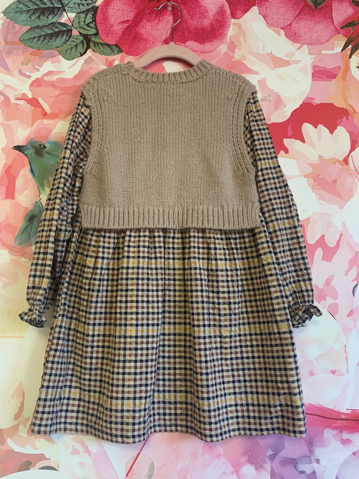 Zara beige, black, yellow plaid dress with beige knit vest too. Size 5/6.