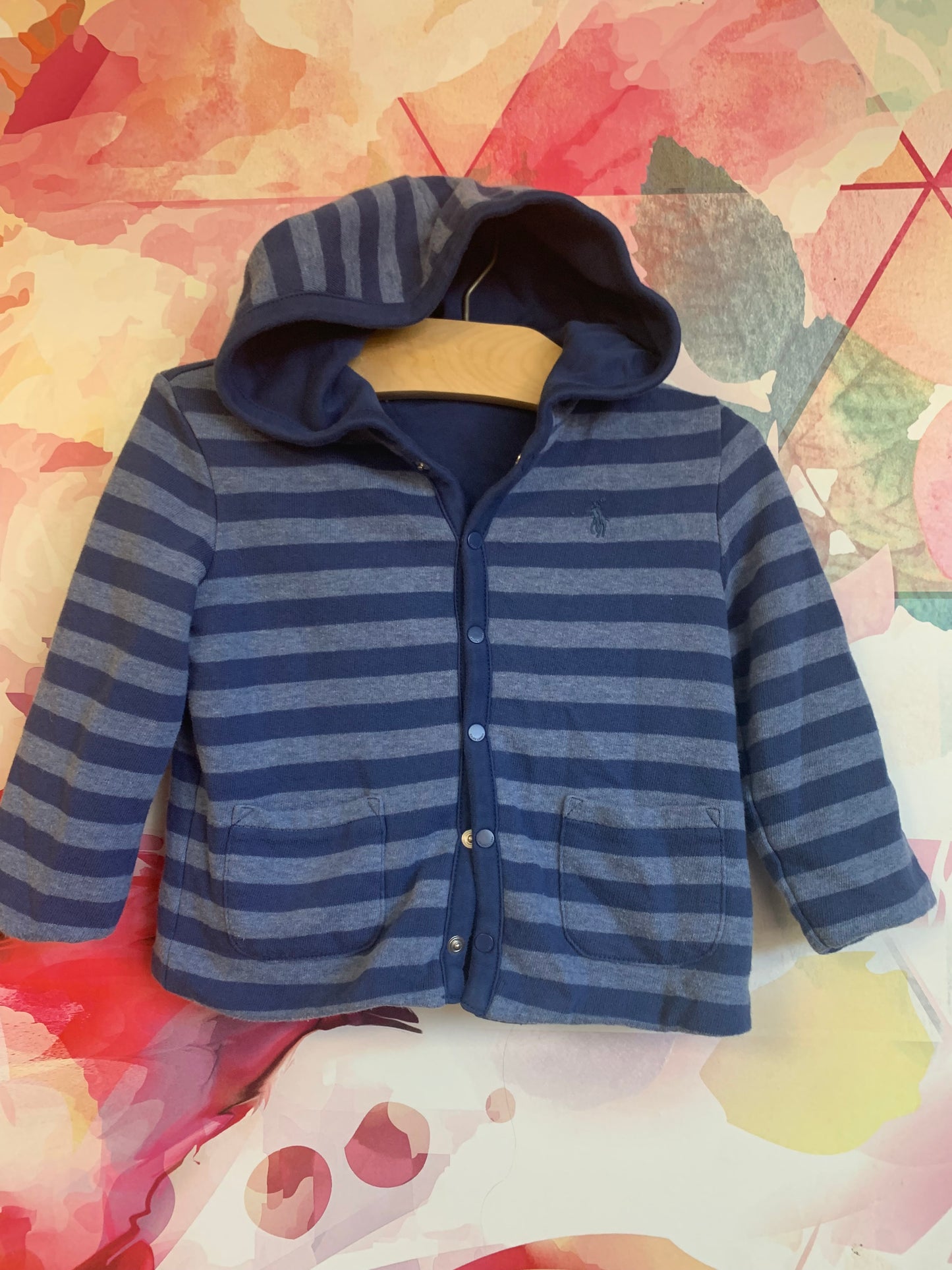 Polo Ralph Lauren *REVERSIBLE* blue stripe cotton hoodie with snaps & front pockets. No tag. Size 12-18m