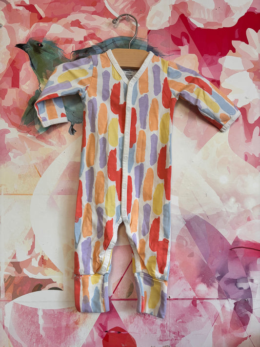 Monica & Andy snap romper with colorful stripes. Size 3-6m