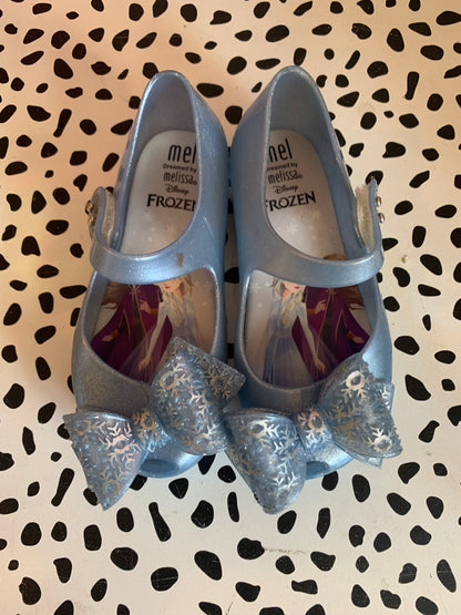 Mini Melissa blue sparkly Frozen shoes with bows & Velcro straps. *slight marker stain on one strap* size 10