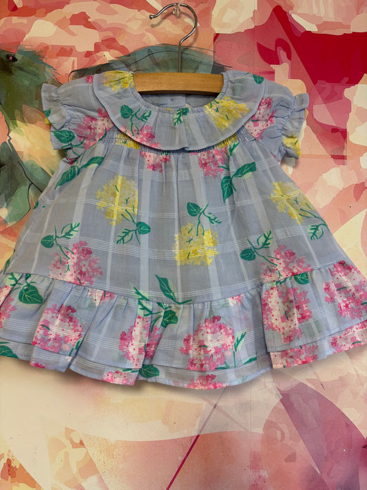 Janie & Jack blue short sleeve dress with tell o& pink flowers. Fully lined with blue bloomers. NEW WITH TAGS. Size 0-3m