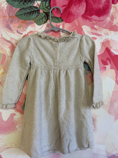 Janie & Jack cream & gold long sleeve sweater dress with ruffle details down front and on wrist/neck. Size 18-24m