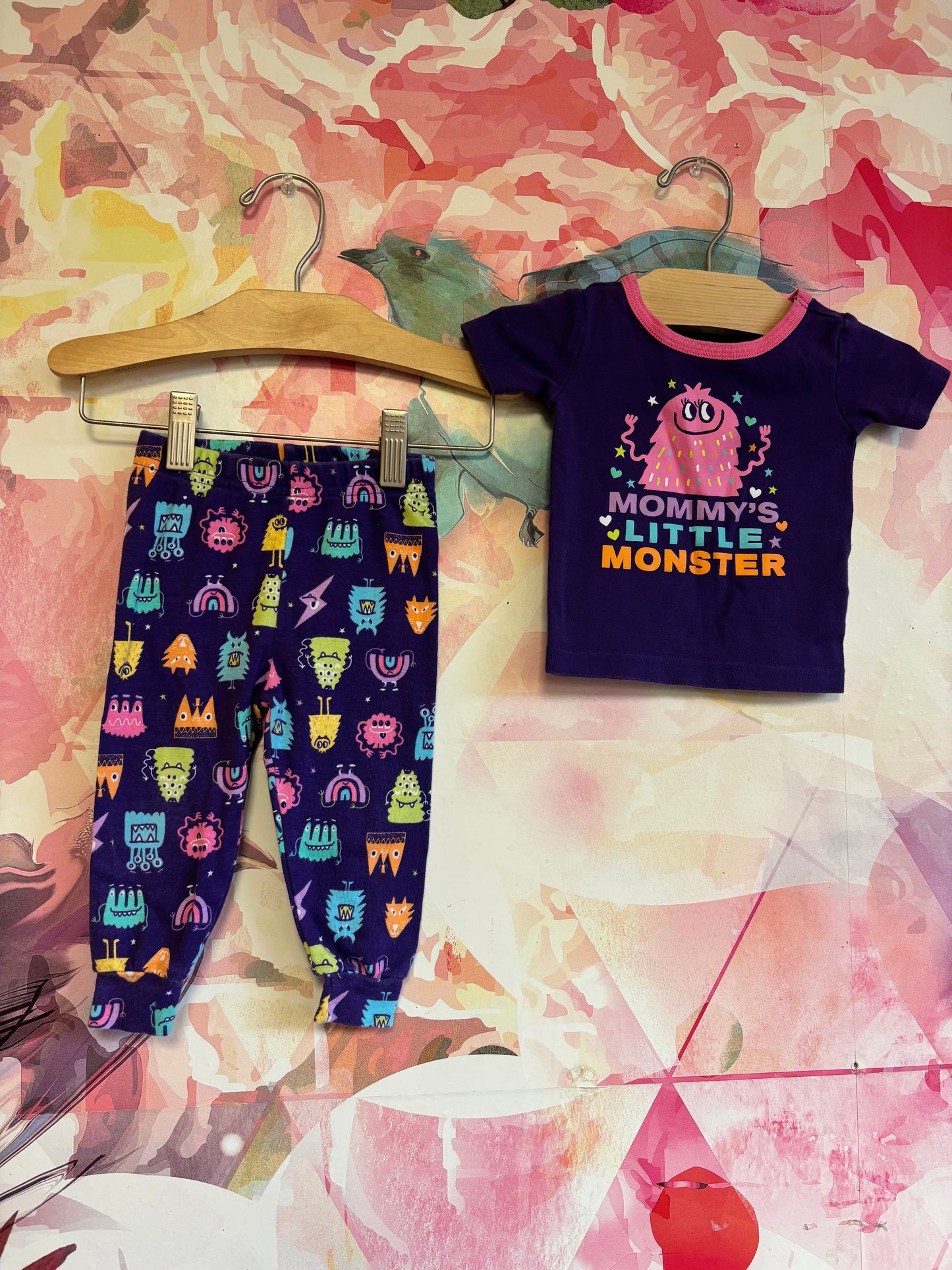 PJ PLACE short sleeve purple pajama set with Mommy’s Little Monster. Size 6-9m.