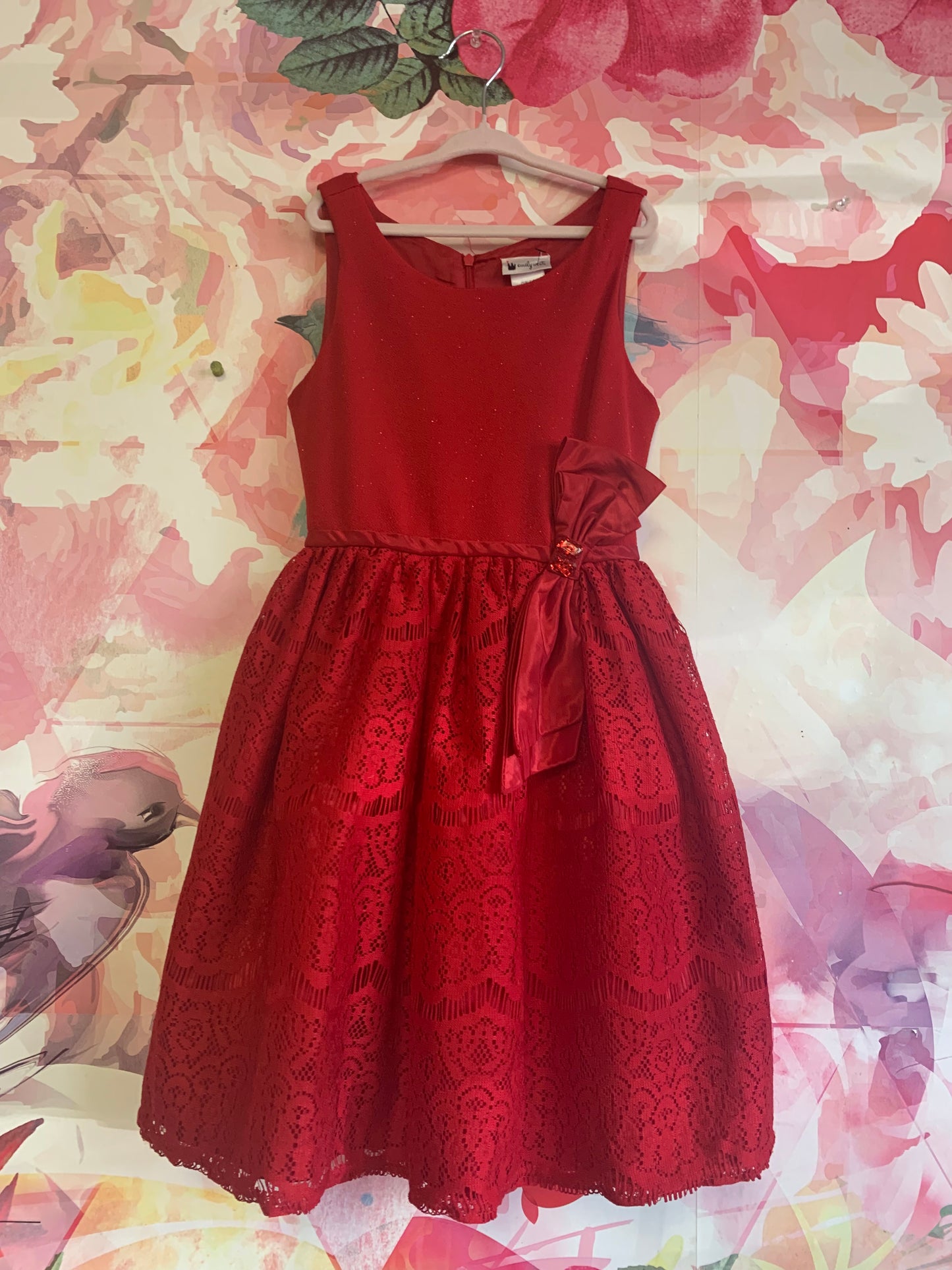 Emily West red sleeveless party dress. Shimmery top, tulle and lace skirt with red waist bow & jewels. Tie and zipper back. Size 8