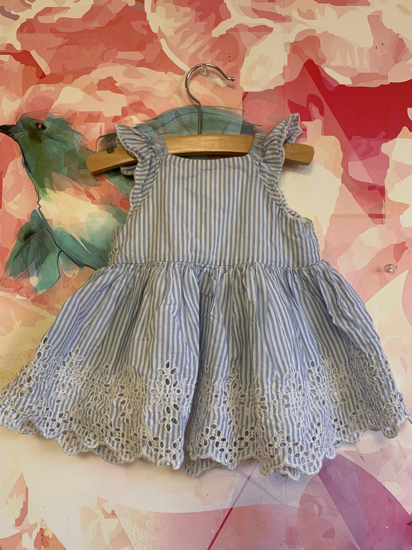 Baby Gap blue/white stripe sleeveless dress with white eyelet design. Fully lined. Size 3-6m