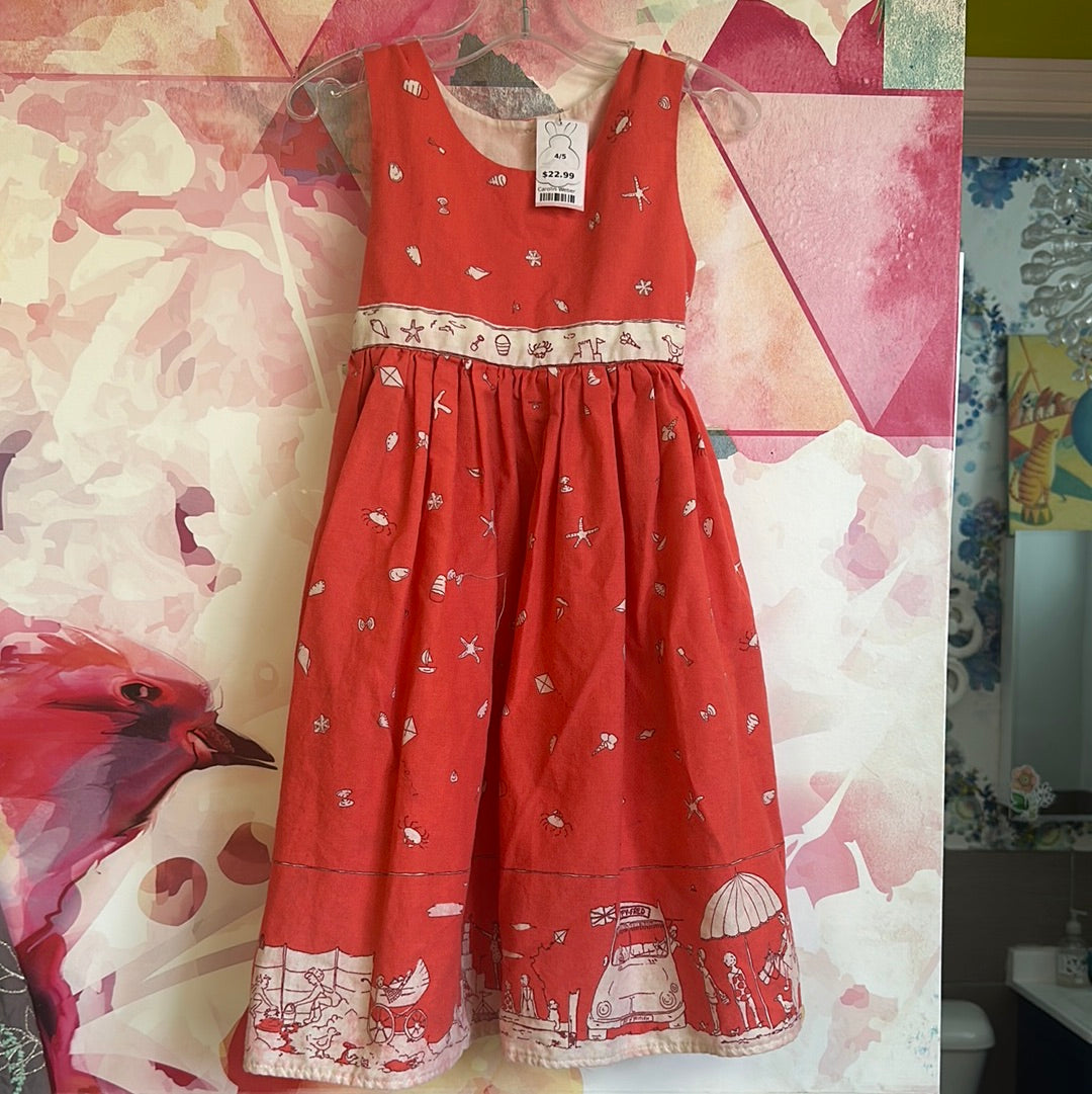 Handmade Coral Summer Dress with Beach Scenes Size 4/5