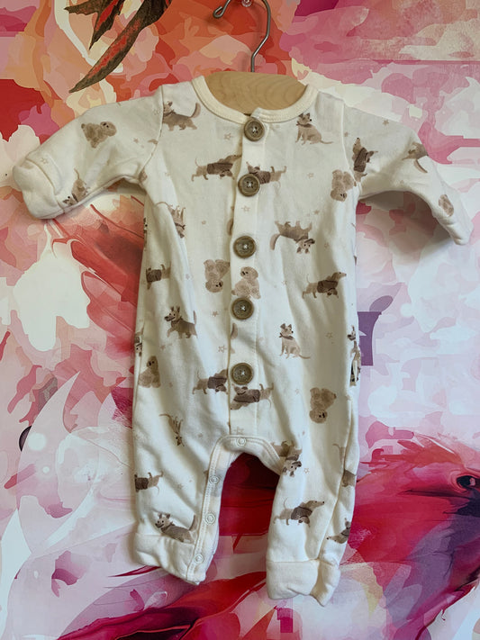 Rabbit + Bear cream romper with puppies. 100% organic cotton. Size 0-3m