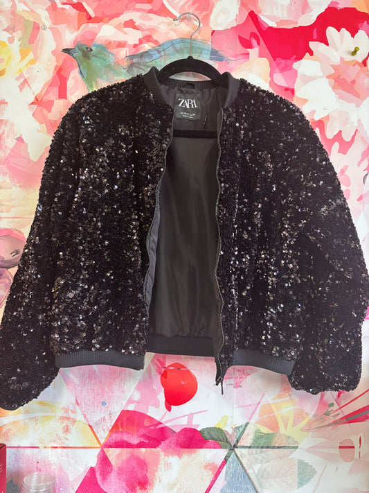 Zara black sequin bomber jacket. Size 14