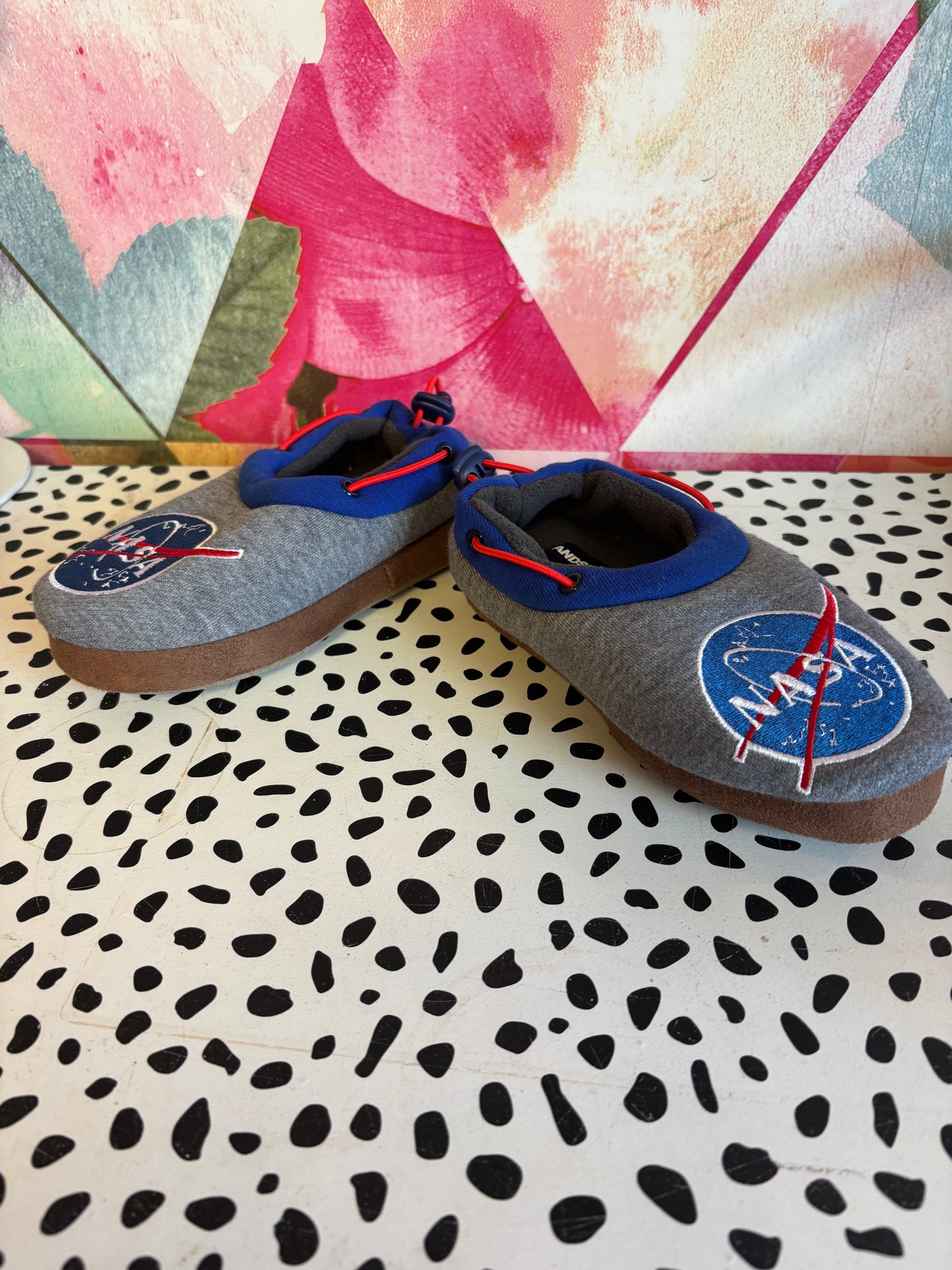 Lands End blue & grey slippers. NASA design with adjustable elastic. Size 13.