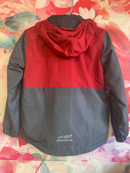 Eddie Bauer red, grey fleece lined jacket with hood. Removable fleece lining. Size 10/12.