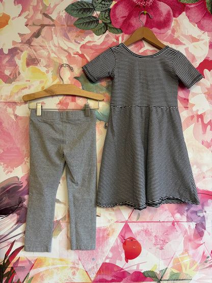 Black & white stripe short sleeve dress and grey leggings. Size 5T