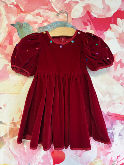 Lola & The Boys Queen Puff Gems Velour dress. Rich red color, elegant puff sleeves. Size 2T.