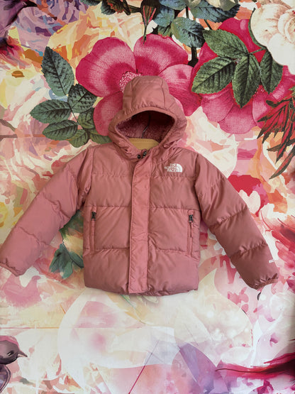 North Face pink fleece lined puffy coat with hood. Size 2 T.