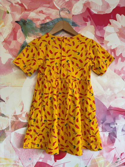 Ade & Ayo yellow short sleeve dress with red vegetables. 100% organic cotton. Size 6