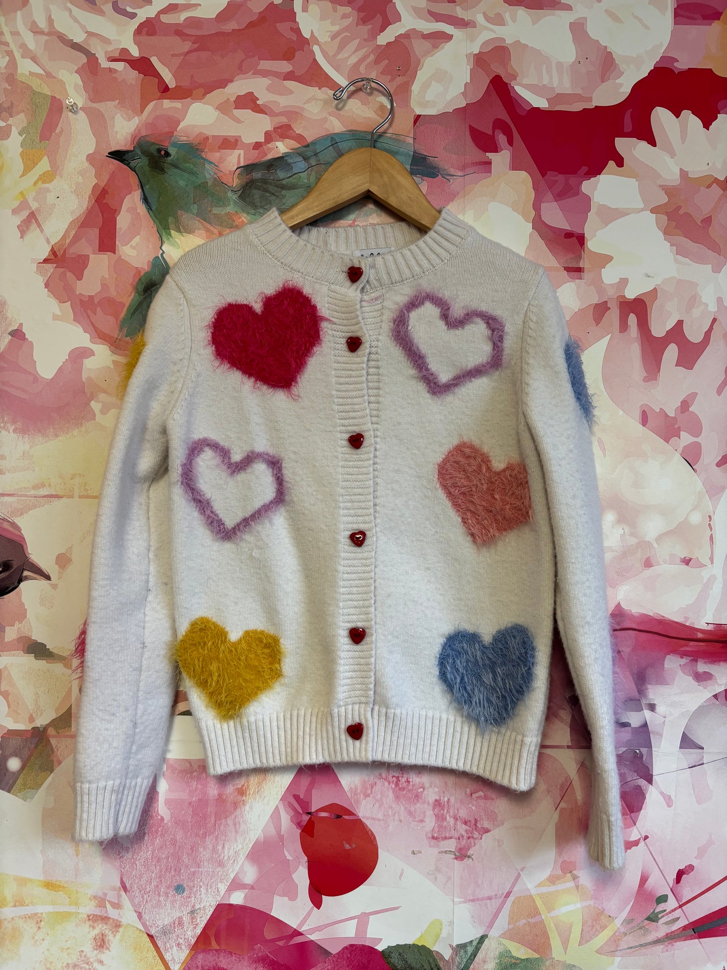 Lola & The Boys white fuzzy hearts cardigan. Size 8.