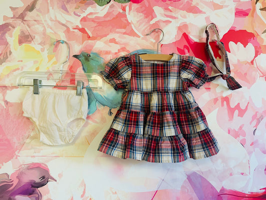 Baby Gap red, blue, cream, gold holiday plaid dress with matching headband & cream bloomers. Size 0-3m
