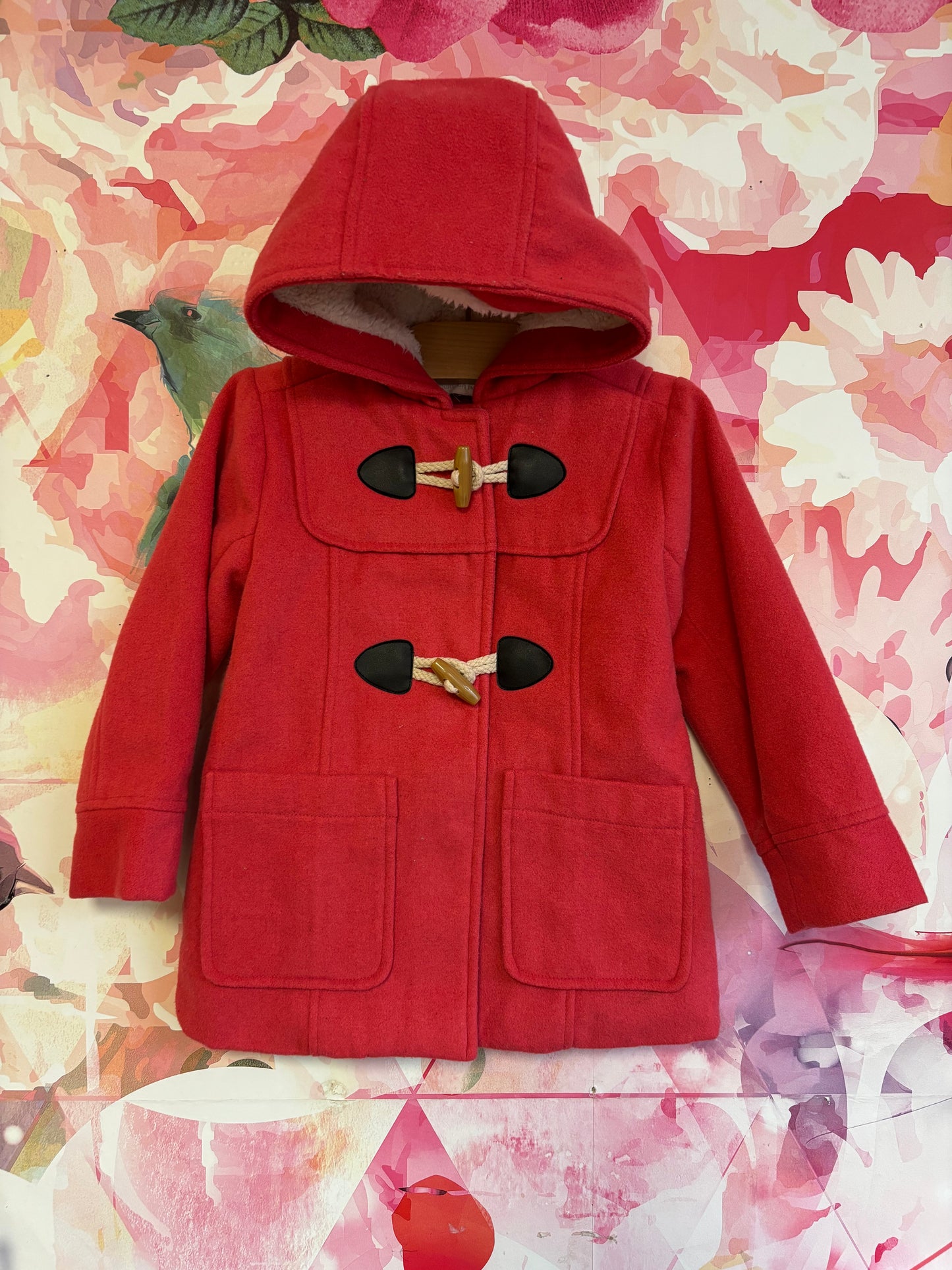 Pumpkin Patch red wool coat with fleece lined hood. Toggle & snap closures. Size 2/3T.