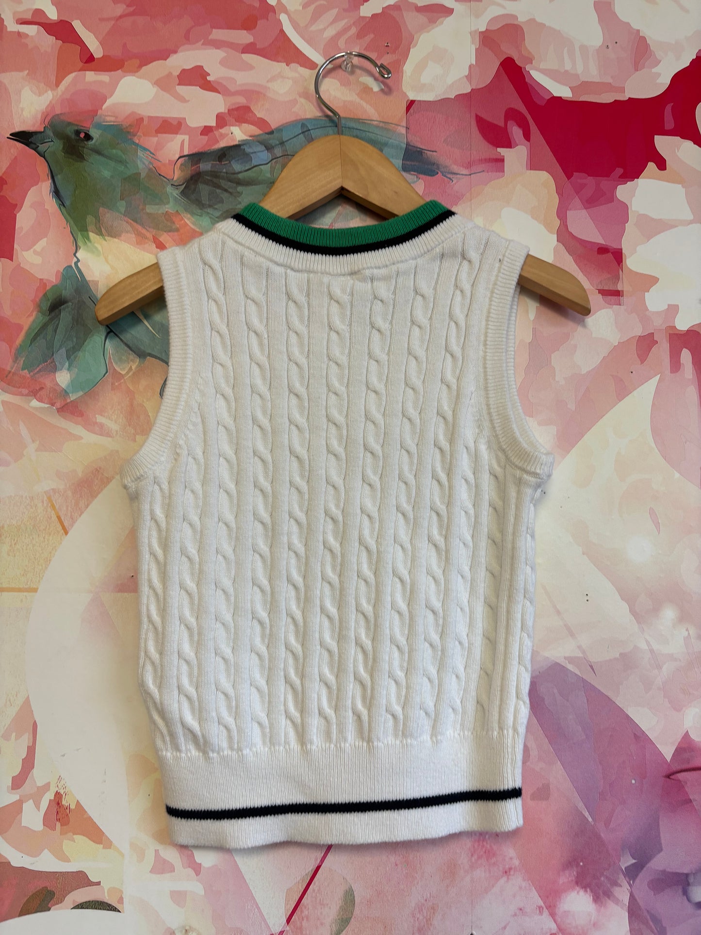 Baby Gap white knit vest with blue/green stripe on neck. Size 4T.