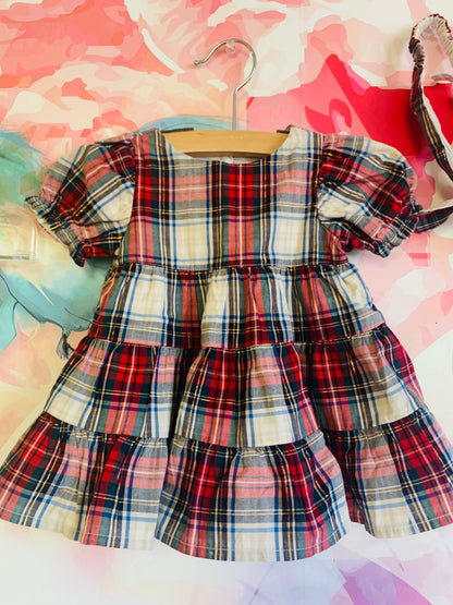 Baby Gap red, blue, cream, gold holiday plaid dress with matching headband & cream bloomers. Size 0-3m