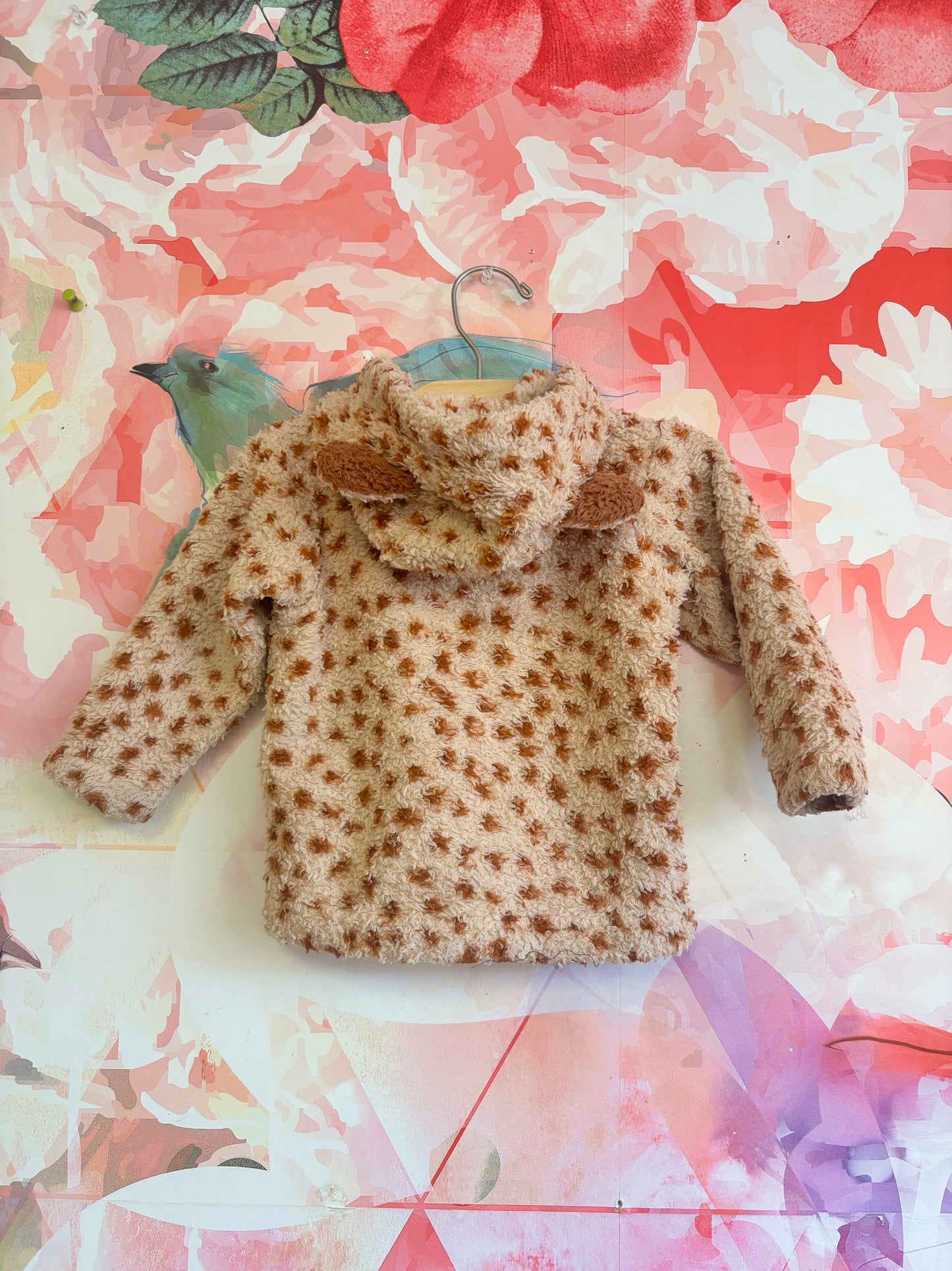 Patagonia fleece jacket with animal print and ears on hood. Size 6-12m