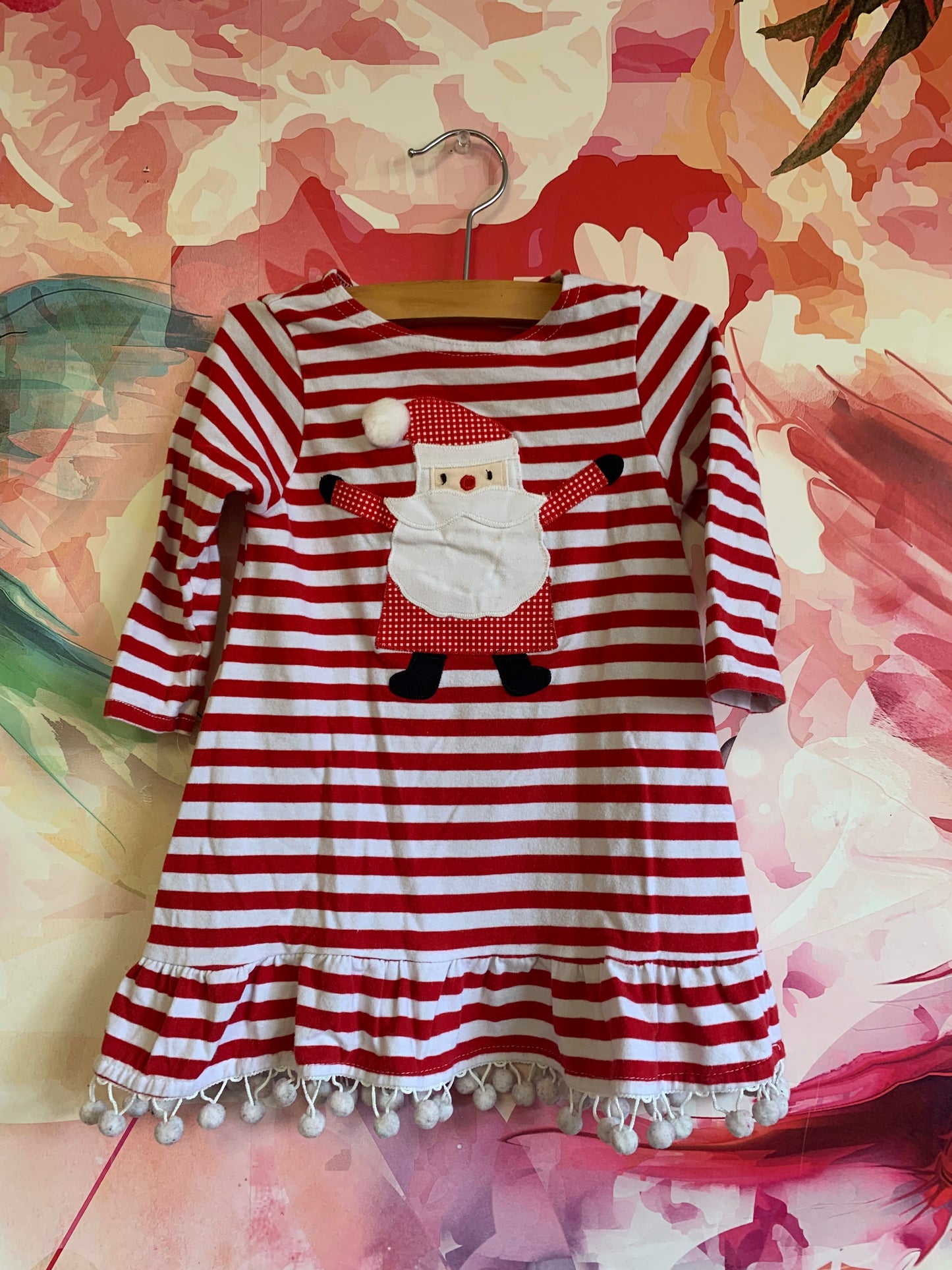 Red & white stripe dress with Pom Pom hem & Santa. No Size tag - about 12m.