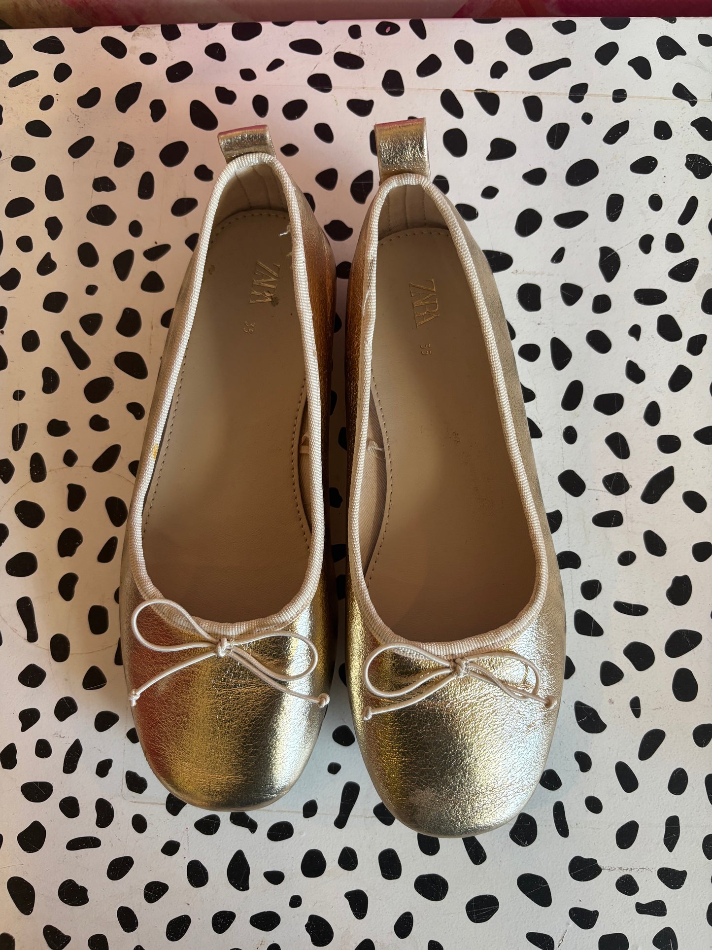 Zara shiny gold slip on dress flats. Size 3.