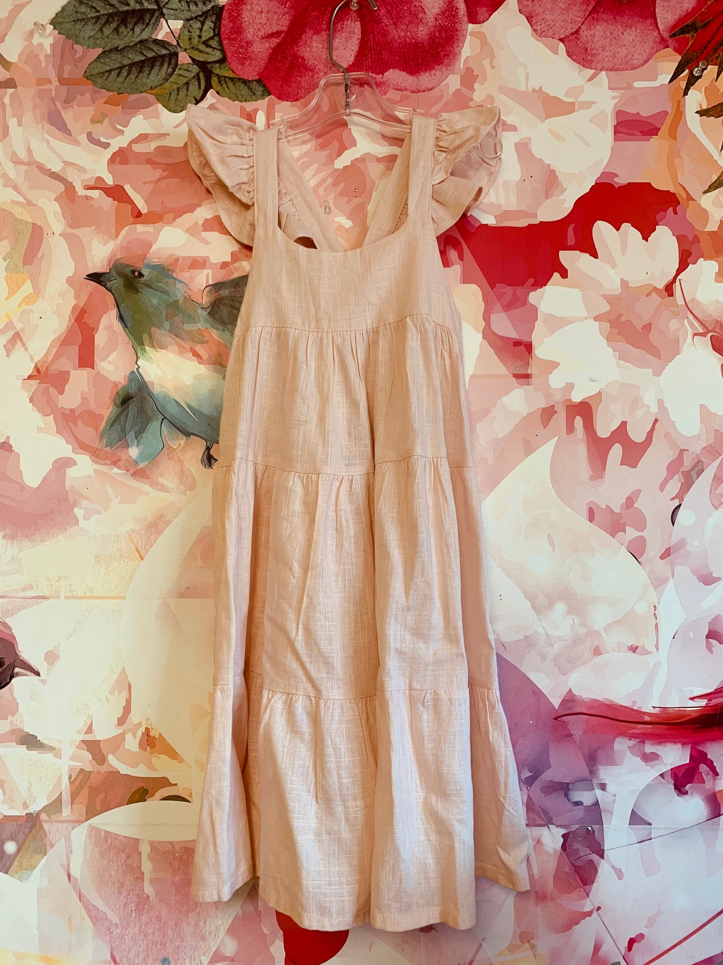 Pink linen & cotton dress with flutter shoulders and flowy midi length skirt. Size 8.