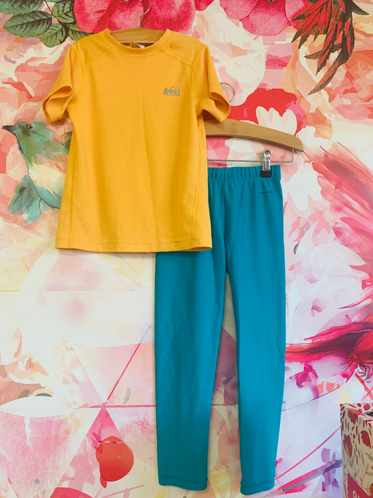 REI yellow short sleeve top size 4/5 & Teal blue Polarn O. Pyret rash guard leggings. Size 4-6T.