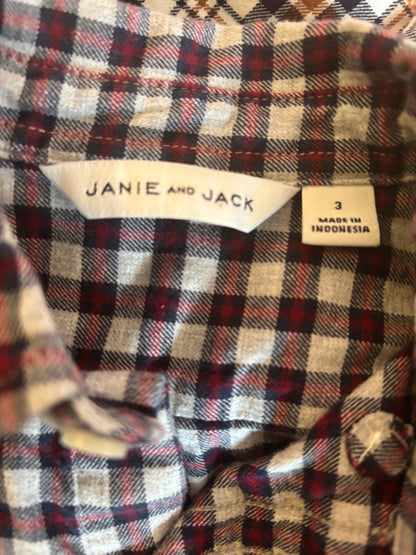 Janie & Jack grey, red, blue checkered button down long sleeve shirt. Size 3T.