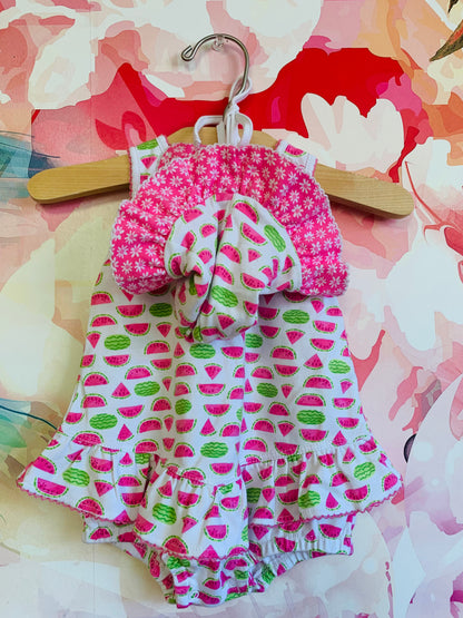 kissy kissy watermelon slice bubble romper dress with matching hat. Size 6-9m