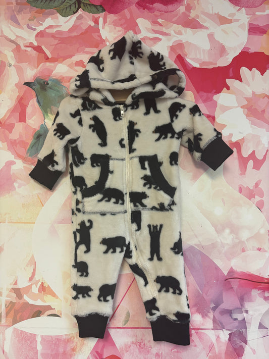 Little Blue House black & cream fleece romper with black bears & hood. Size 3-6m