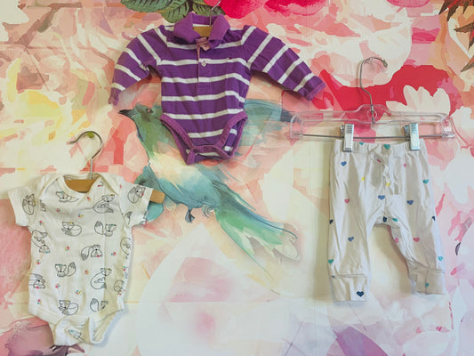 Newborn bundle! Gerber NB onesie with foxes & flowers, Baby Gap white leggings with colorful hearts, Tommy Hilfiger purple & white stripe long sleeve onesie with collar. NB/0-3m