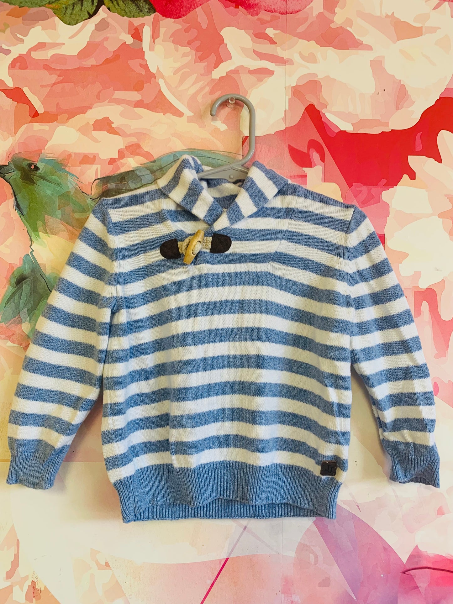 Janie & Jack blue/white stripe cowl neck sweater with wooden toggle. Size 18-24m