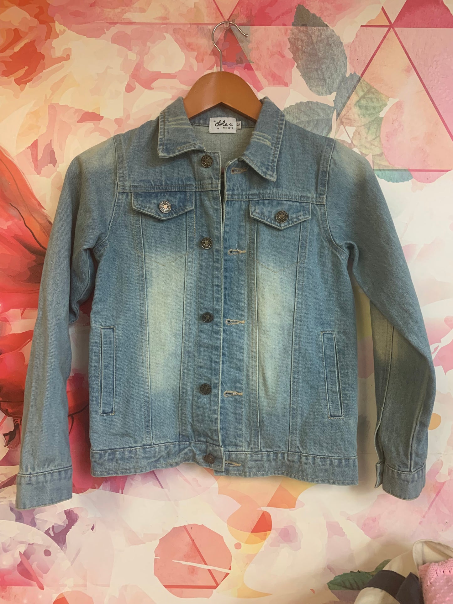 Lola & The Boys neon angel wings denim jacket. Size 12.