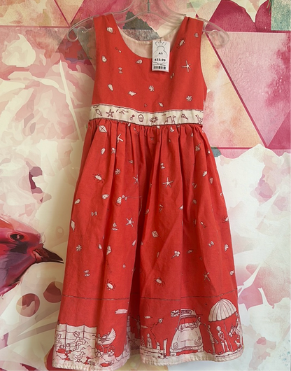 Handmade Coral Summer Dress with Beach Scenes Size 4/5