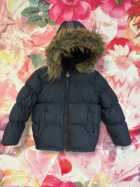 Appaman navy blue puffy winter coat with stretchy collar and removable faux fur hood. Size 6.