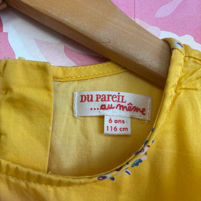 Du Pareil… au meme yellow short sleeve dress with tiny flowers. Flutter sleeve & zipper back. Size 6.