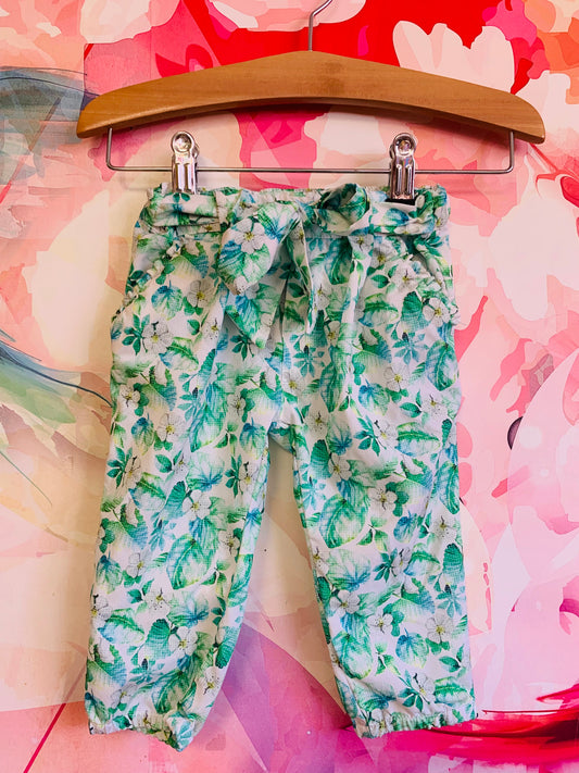 Mayoral green & blue floral pants with tie belt. Size 6m.