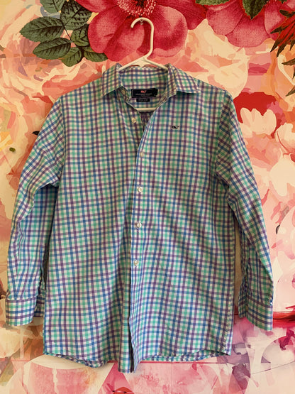 Vineyard Vines blue, green, purple & white checkered long sleeve button down shirt. 100% cotton. Size 12/14.