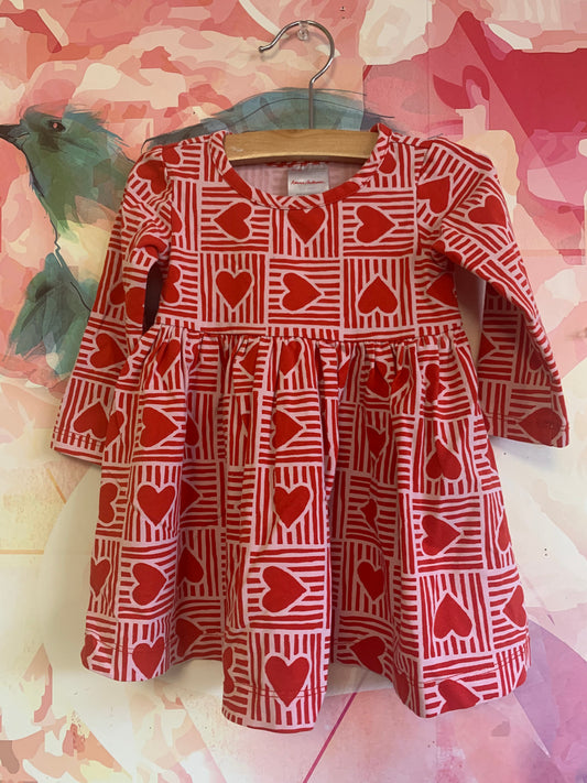 Hanna Andersson red & pink long sleeve dress with stripes & hearts. Size 12-18m